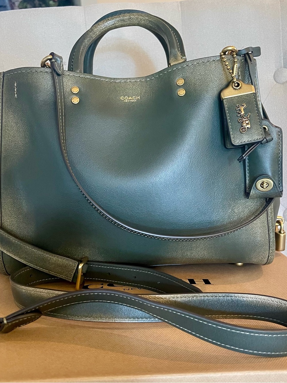 Coach Loved Leather Rogue 31 Brass/Green Rub-Off Soft Full Grain Leather NWT - Picture 11 of 16